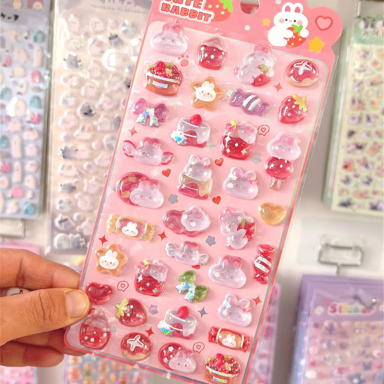 Kawaii Strawberry Rabbit Unicorn Drop 3D Relief Stickers Crystal for Phone Case DIY Scrapbooking Journaling Stationery Diary