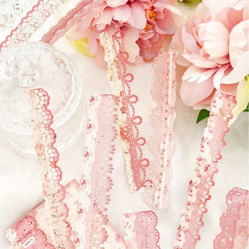 6 Retro Hollow Lace Theme Personalized Stickers White Kraft Paper DIY Notebook Strip Decoration Material Stickers