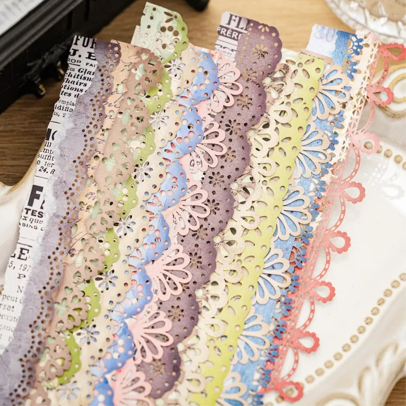 6 Retro Hollow Lace Theme Personalized Stickers White Kraft Paper DIY Notebook Strip Decoration Material Stickers